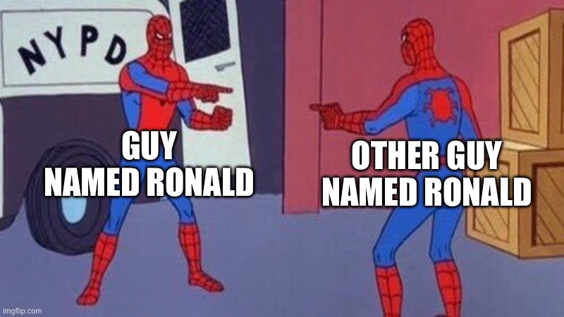 When 2 people have the same name | GUY NAMED RONALD; OTHER GUY NAMED RONALD | image tagged in spiderman pointing at spiderman,name,bruh moment,funny,relatable memes | made w/ Imgflip meme maker