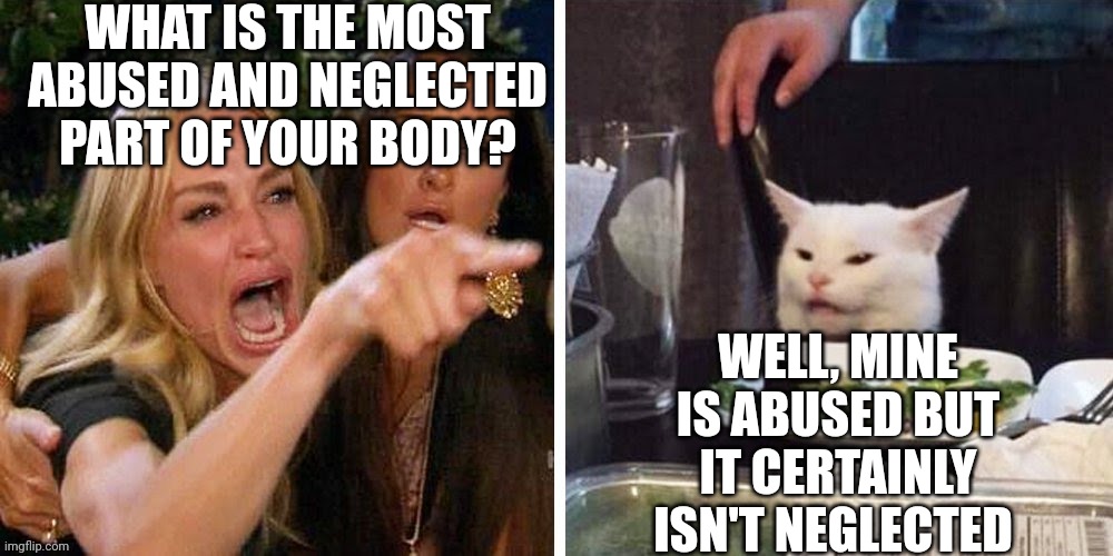 Smudge that darn cat with Karen | WHAT IS THE MOST ABUSED AND NEGLECTED PART OF YOUR BODY? WELL, MINE IS ABUSED BUT IT CERTAINLY ISN'T NEGLECTED | image tagged in smudge that darn cat with karen | made w/ Imgflip meme maker