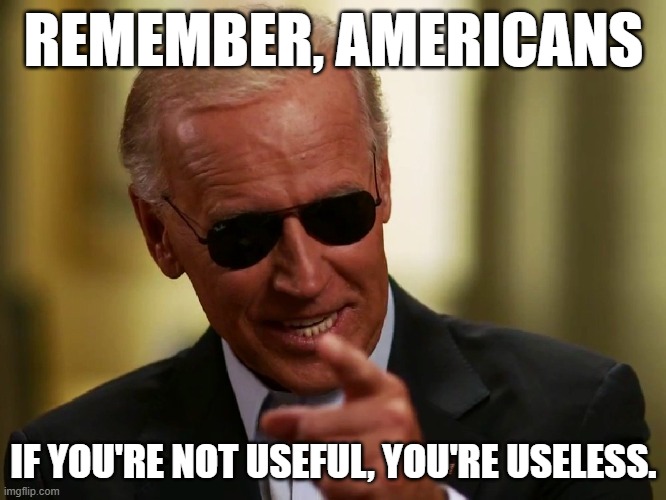 If you're not useful, you're useless. | REMEMBER, AMERICANS; IF YOU'RE NOT USEFUL, YOU'RE USELESS. | image tagged in cool joe biden,useful,useless,president | made w/ Imgflip meme maker