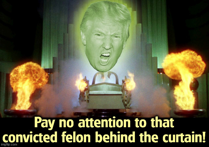 Never pardoned, never exonerated. The Eternal Crook. | Pay no attention to that convicted felon behind the curtain! | image tagged in trump,wizard of oz,fake,convict,felon,crook | made w/ Imgflip meme maker