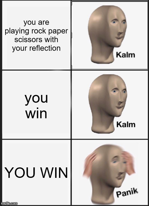 wait a second... | you are playing rock paper scissors with your reflection; you win; YOU WIN | image tagged in memes,panik kalm panik | made w/ Imgflip meme maker