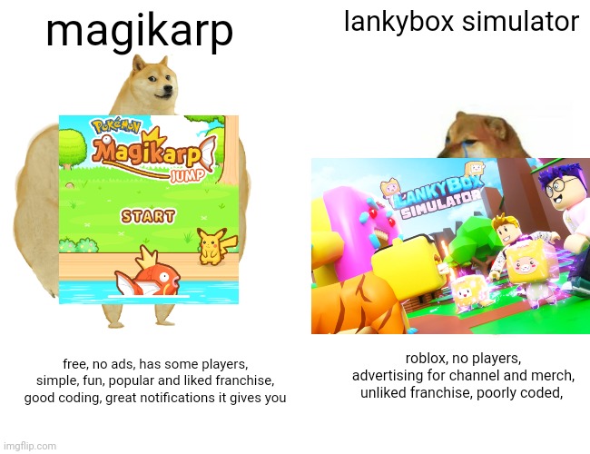 Buff Doge vs. Cheems Meme | magikarp; lankybox simulator; roblox, no players, advertising for channel and merch, unliked franchise, poorly coded, free, no ads, has some players, simple, fun, popular and liked franchise, good coding, great notifications it gives you | image tagged in memes,buff doge vs cheems | made w/ Imgflip meme maker