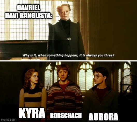 Always you three | GAVRIEL HAVI RANGLISTA:; AURORA; KYRA; RORSCHACH | image tagged in always you three | made w/ Imgflip meme maker