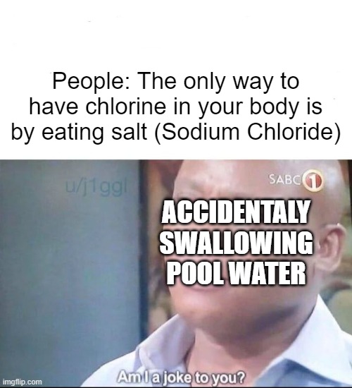ive run out of meme titles | People: The only way to have chlorine in your body is by eating salt (Sodium Chloride); ACCIDENTALY SWALLOWING POOL WATER | image tagged in am i a joke to you | made w/ Imgflip meme maker