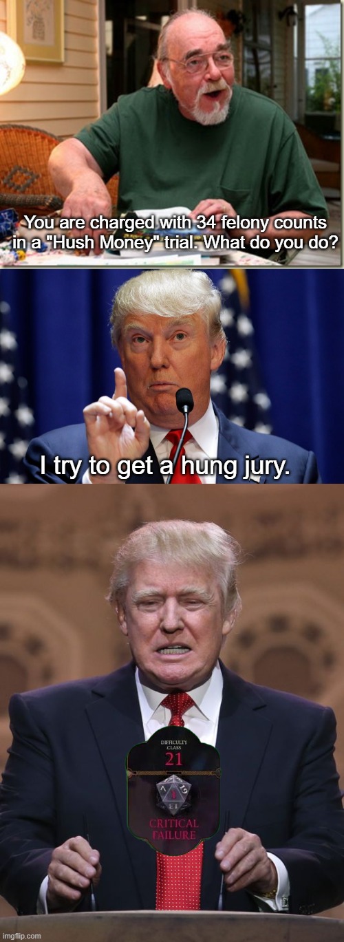 Trump Failure | You are charged with 34 felony counts in a "Hush Money" trial. What do you do? I try to get a hung jury. | image tagged in dungeon master,donald trump | made w/ Imgflip meme maker