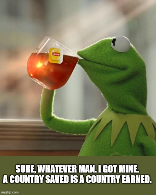 But That's None Of My Business Meme | SURE, WHATEVER MAN. I GOT MINE. A COUNTRY SAVED IS A COUNTRY EARNED. | image tagged in memes,but that's none of my business,kermit the frog | made w/ Imgflip meme maker