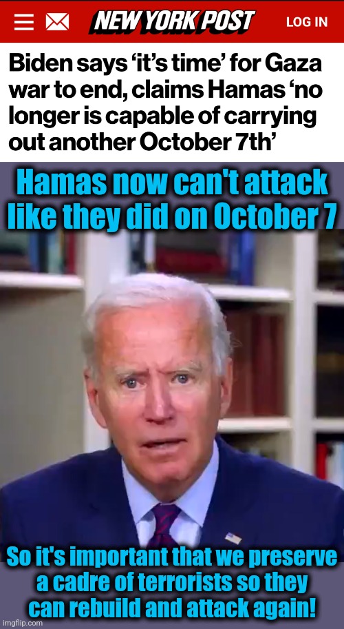 Iran and Joe Biden have to preserve Hamas | Hamas now can't attack like they did on October 7; So it's important that we preserve
a cadre of terrorists so they
can rebuild and attack again! | image tagged in slow joe biden dementia face,memes,hamas,iran,terrorists,israel | made w/ Imgflip meme maker