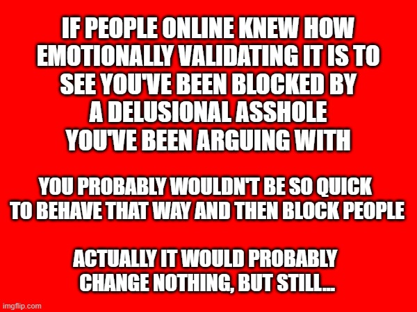 blocked... | IF PEOPLE ONLINE KNEW HOW 
EMOTIONALLY VALIDATING IT IS TO 
SEE YOU'VE BEEN BLOCKED BY 
A DELUSIONAL ASSHOLE 
YOU'VE BEEN ARGUING WITH; YOU PROBABLY WOULDN'T BE SO QUICK 
TO BEHAVE THAT WAY AND THEN BLOCK PEOPLE
 
ACTUALLY IT WOULD PROBABLY 
CHANGE NOTHING, BUT STILL... | image tagged in social media,blocked,arguing | made w/ Imgflip meme maker