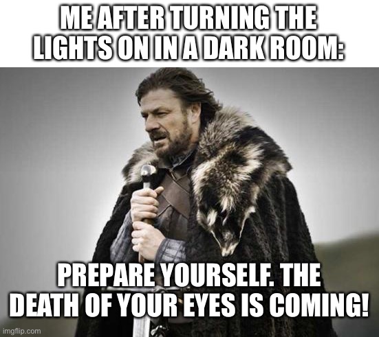 We Can All Relate. | ME AFTER TURNING THE LIGHTS ON IN A DARK ROOM:; PREPARE YOURSELF. THE DEATH OF YOUR EYES IS COMING! | image tagged in prepare yourself,eyes,brace yourselves x is coming,killer,dark,light | made w/ Imgflip meme maker