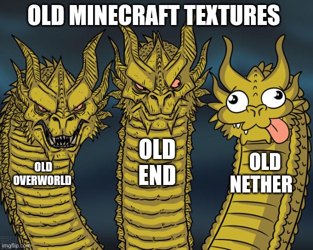 The old Nether textures were TERRIBLE | OLD MINECRAFT TEXTURES; OLD END; OLD NETHER; OLD OVERWORLD | image tagged in three-headed dragon | made w/ Imgflip meme maker