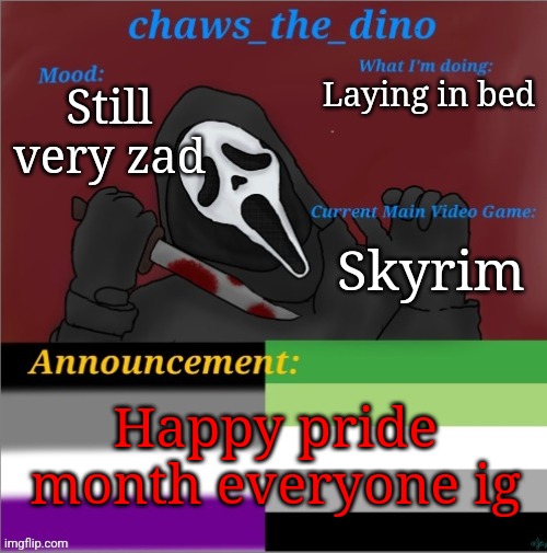 What a great start to my first pride month | Laying in bed; Still very zad; Skyrim; Happy pride month everyone ig | image tagged in chaws_the_dino announcement temp | made w/ Imgflip meme maker