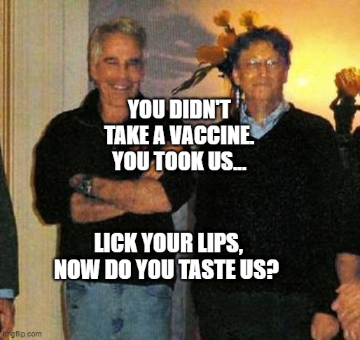 epstein and gates | YOU DIDN'T TAKE A VACCINE. YOU TOOK US... LICK YOUR LIPS, NOW DO YOU TASTE US? | image tagged in epstein and gates | made w/ Imgflip meme maker