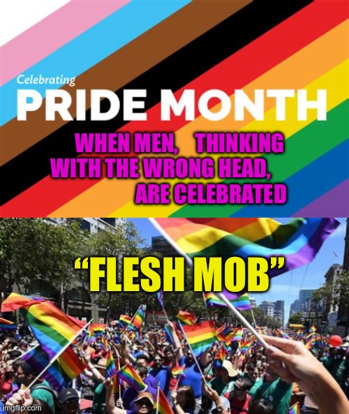 Wrong-headed thinking used to get men in trouble. | WHEN MEN,    THINKING WITH THE WRONG HEAD,                          ARE CELEBRATED; “FLESH MOB” | image tagged in gifs,lgbtq,liberals,hypocrisy | made w/ Imgflip meme maker