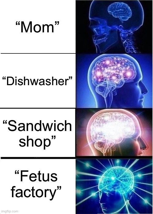 Expanding Brain | “Mom”; “Dishwasher”; “Sandwich shop”; “Fetus factory” | image tagged in memes,expanding brain | made w/ Imgflip meme maker