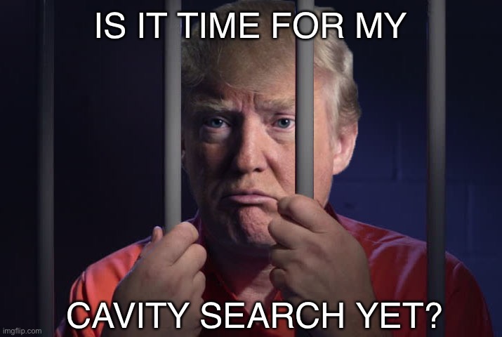 Trump jail bars steel wall | IS IT TIME FOR MY CAVITY SEARCH YET? | image tagged in trump jail bars steel wall | made w/ Imgflip meme maker