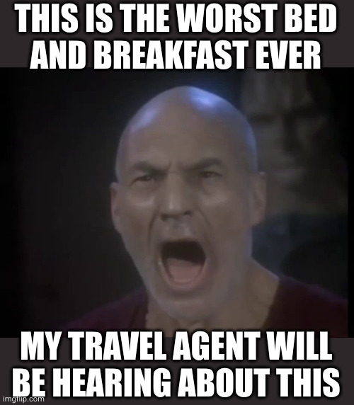 Picard Four Lights | THIS IS THE WORST BED
AND BREAKFAST EVER MY TRAVEL AGENT WILL BE HEARING ABOUT THIS | image tagged in picard four lights | made w/ Imgflip meme maker