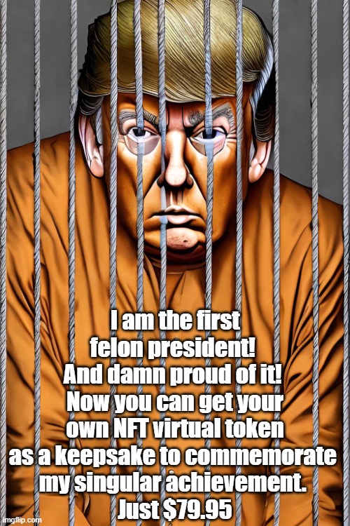 I Am The First Felon President... And Damn Proud of I! | I am the first felon president! 
And damn proud of it! 
Now you can get your own NFT virtual token as a keepsake to commemorate 
my singular achievement. 
Just $79.95 | image tagged in trump,trump felon,trump is a criminal,trump also capitalizes on crimen | made w/ Imgflip meme maker