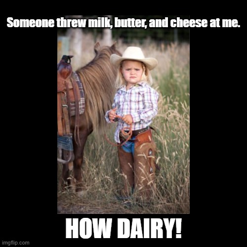 How Dairy! | Someone threw milk, butter, and cheese at me. HOW DAIRY! | image tagged in black square,pun,dairy,cowgirl | made w/ Imgflip meme maker