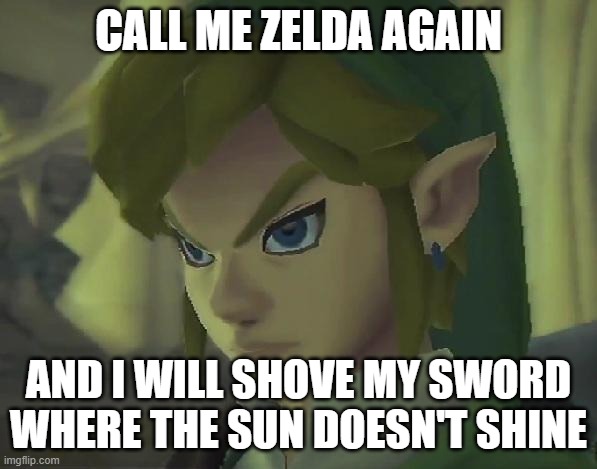 Link isn't amused | CALL ME ZELDA AGAIN; AND I WILL SHOVE MY SWORD WHERE THE SUN DOESN'T SHINE | image tagged in angry link,memes,funny,say that again i dare you | made w/ Imgflip meme maker