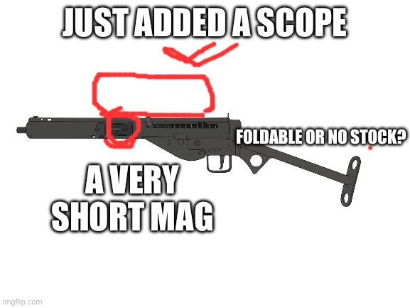 Blank White Template | JUST ADDED A SCOPE A VERY SHORT MAG FOLDABLE OR NO STOCK? | image tagged in blank white template | made w/ Imgflip meme maker