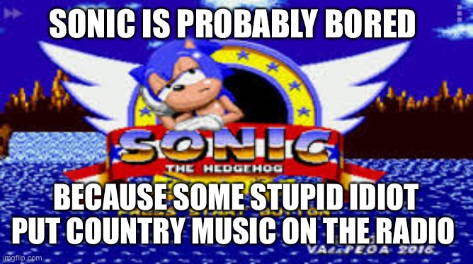 sonic boom | SONIC IS PROBABLY BORED; BECAUSE SOME STUPID IDIOT PUT COUNTRY MUSIC ON THE RADIO | image tagged in sonic boom | made w/ Imgflip meme maker