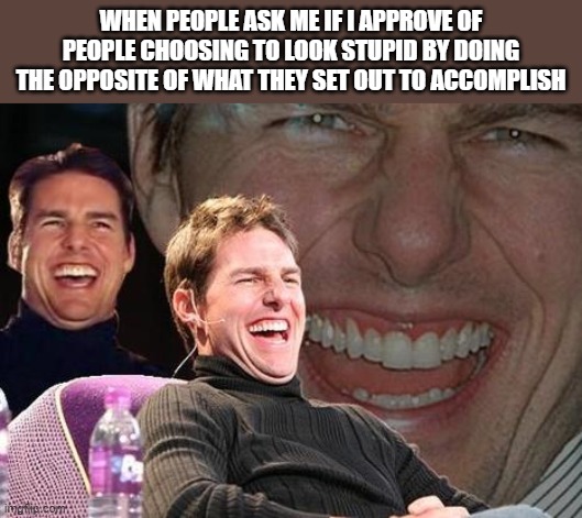 Tom Cruise laugh | WHEN PEOPLE ASK ME IF I APPROVE OF PEOPLE CHOOSING TO LOOK STUPID BY DOING THE OPPOSITE OF WHAT THEY SET OUT TO ACCOMPLISH | image tagged in tom cruise laugh | made w/ Imgflip meme maker