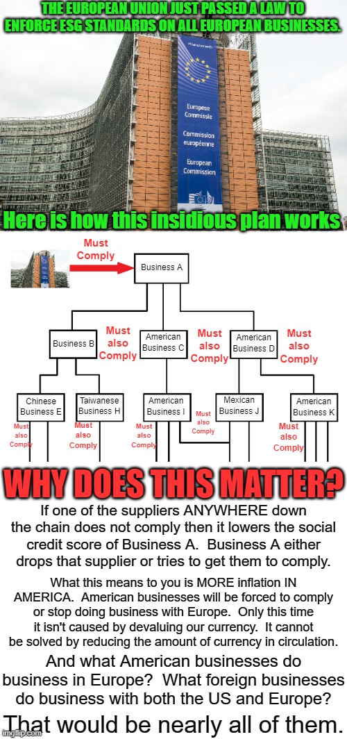 When we tried to tell you about this you called it a conspiracy theory.  It has now happened. | THE EUROPEAN UNION JUST PASSED A LAW TO ENFORCE ESG STANDARDS ON ALL EUROPEAN BUSINESSES. Here is how this insidious plan works; Must
Comply; Business A; American
Business D; Must
also
Comply; American
Business C; Must
also
Comply; Business B; Must
also
Comply; Taiwanese
Business H; Chinese
Business E; American
Business K; Mexican
Business J; American
Business I; Must
also
Comply; Must
also
Comply; Must
also
Comply; Must
also
Comply; Must
also
Comply; WHY DOES THIS MATTER? If one of the suppliers ANYWHERE down the chain does not comply then it lowers the social credit score of Business A.  Business A either drops that supplier or tries to get them to comply. What this means to you is MORE inflation IN AMERICA.  American businesses will be forced to comply or stop doing business with Europe.  Only this time it isn't caused by devaluing our currency.  It cannot be solved by reducing the amount of currency in circulation. And what American businesses do business in Europe?  What foreign businesses do business with both the US and Europe? That would be nearly all of them. | image tagged in end of capitalism,end of the free market,end of liberty,beginning of global poverty | made w/ Imgflip meme maker