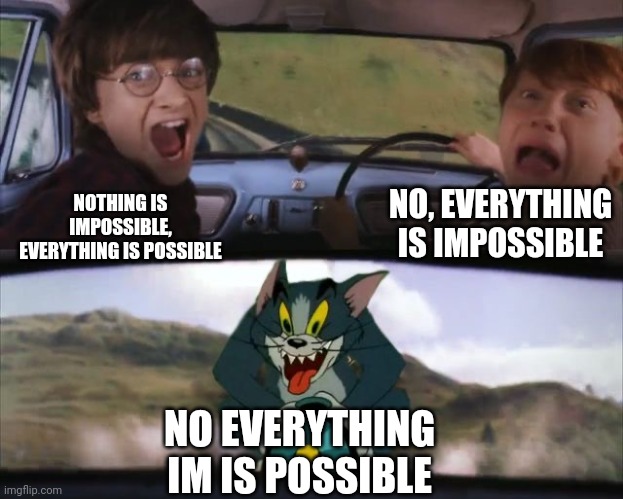 Tom chasing Harry and Ron Weasly | NOTHING IS IMPOSSIBLE, EVERYTHING IS POSSIBLE NO, EVERYTHING IS IMPOSSIBLE NO EVERYTHING IM IS POSSIBLE | image tagged in tom chasing harry and ron weasly | made w/ Imgflip meme maker