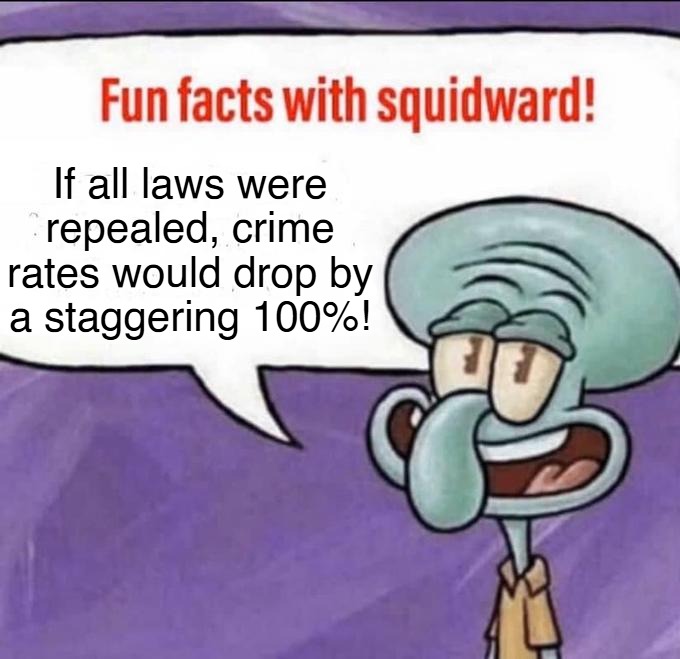 Every 60 seconds in Africa | If all laws were
repealed, crime
rates would drop by
a staggering 100%! | image tagged in fun facts with squidward | made w/ Imgflip meme maker
