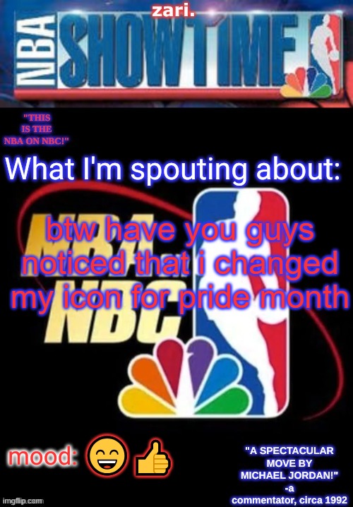 zari.’s NBA on NBC temp | btw have you guys noticed that i changed my icon for pride month; 😄👍 | image tagged in zari s nba on nbc temp | made w/ Imgflip meme maker