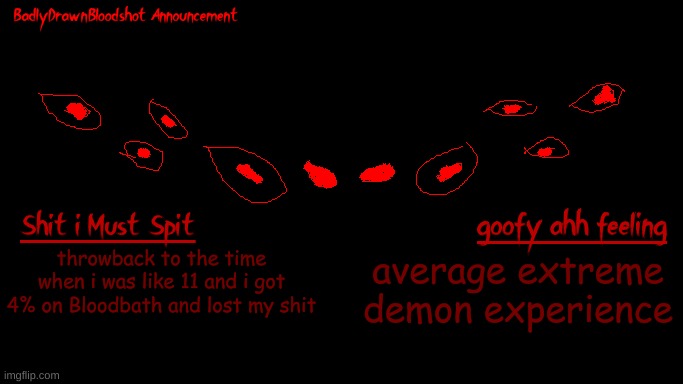 best ive ever done on any extreme demon ngl | throwback to the time when i was like 11 and i got 4% on Bloodbath and lost my shit; average extreme demon experience | image tagged in bdb annoucnement | made w/ Imgflip meme maker