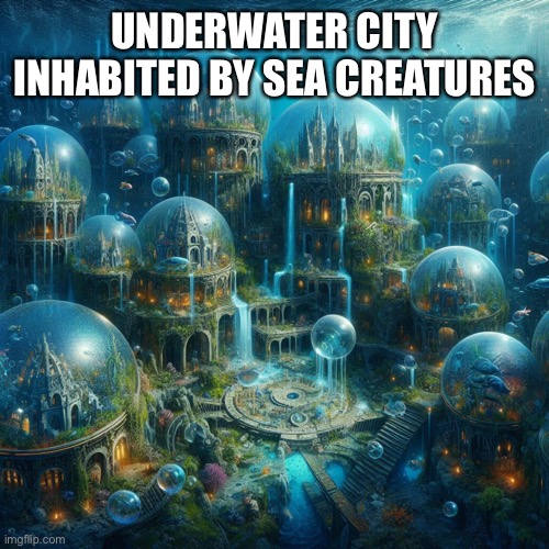 Underwater city inhabited by sea creatures | UNDERWATER CITY INHABITED BY SEA CREATURES | image tagged in memes,meme,funny,city,underwater,ai generated | made w/ Imgflip meme maker
