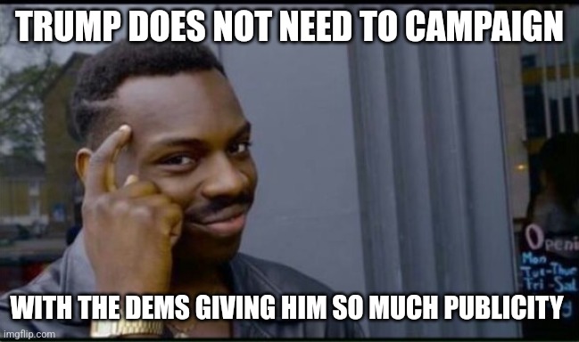 Thinking Black Man | TRUMP DOES NOT NEED TO CAMPAIGN WITH THE DEMS GIVING HIM SO MUCH PUBLICITY | image tagged in thinking black man | made w/ Imgflip meme maker