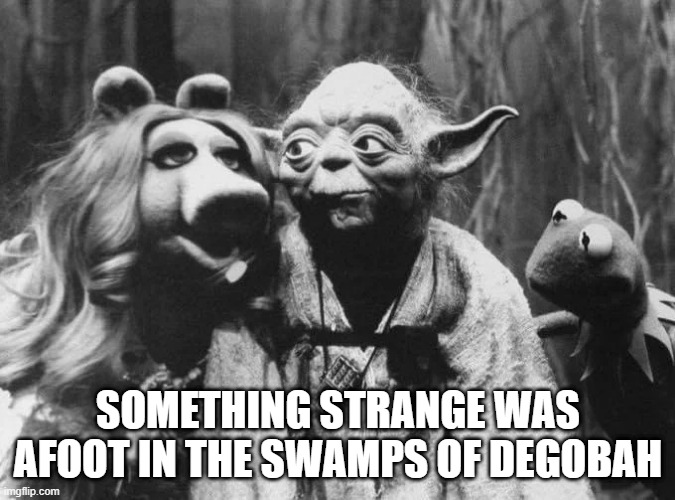Muppets in a Galaxy Far, Far Away | SOMETHING STRANGE WAS AFOOT IN THE SWAMPS OF DEGOBAH | image tagged in star wars,kermit the frog,miss piggy | made w/ Imgflip meme maker