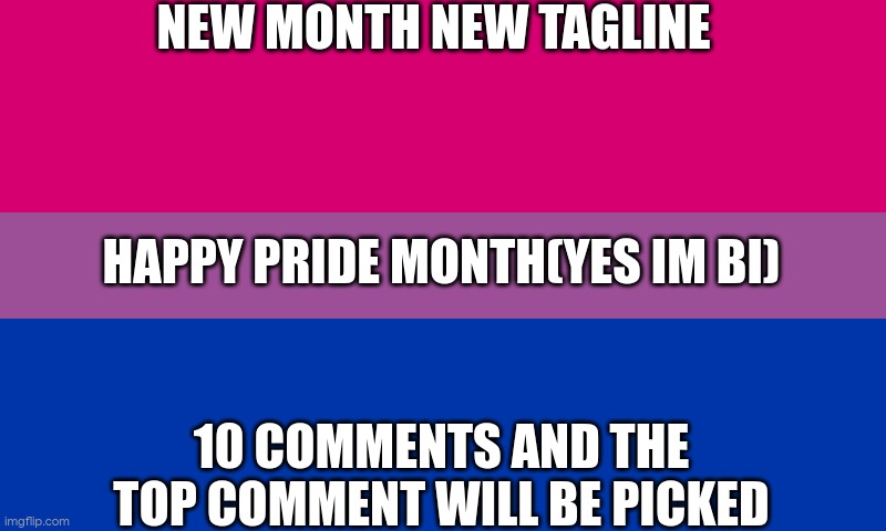 Bi flag | NEW MONTH NEW TAGLINE; HAPPY PRIDE MONTH(YES IM BI); 10 COMMENTS AND THE TOP COMMENT WILL BE PICKED | image tagged in bi flag | made w/ Imgflip meme maker