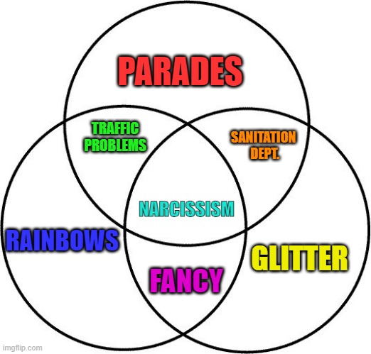 What Is Pride really? | PARADES; TRAFFIC PROBLEMS; SANITATION 
DEPT. NARCISSISM; RAINBOWS; GLITTER; FANCY | image tagged in venn diagram,pride,parades,overkill | made w/ Imgflip meme maker