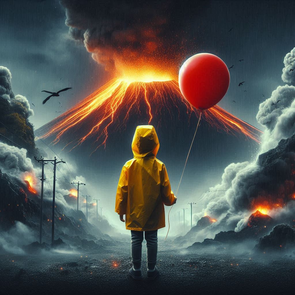 Boy in a yellow rain coat holding a red balloon standing by a sm Blank Meme Template