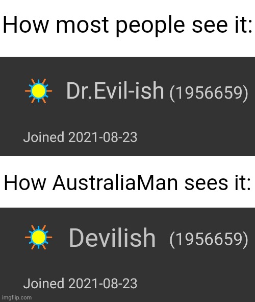 I'm not even joking. He misread it once and now it's my nickname | How most people see it:; How AustraliaMan sees it:; Devilish | image tagged in blank white template | made w/ Imgflip meme maker