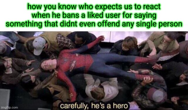 Carefully he's a hero | how you know who expects us to react when he bans a liked user for saying something that didnt even offend any single person | image tagged in carefully he's a hero | made w/ Imgflip meme maker