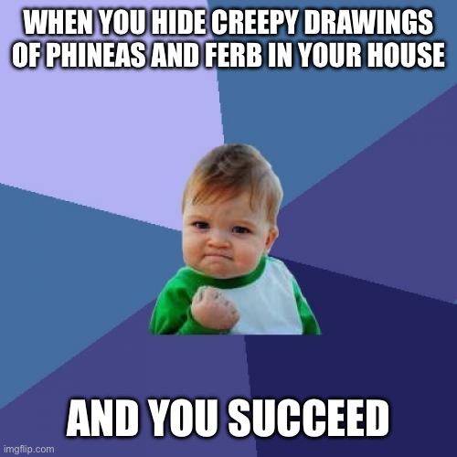 Success Kid | WHEN YOU HIDE CREEPY DRAWINGS OF PHINEAS AND FERB IN YOUR HOUSE; AND YOU SUCCEED | image tagged in memes,success kid,real life,bruh | made w/ Imgflip meme maker