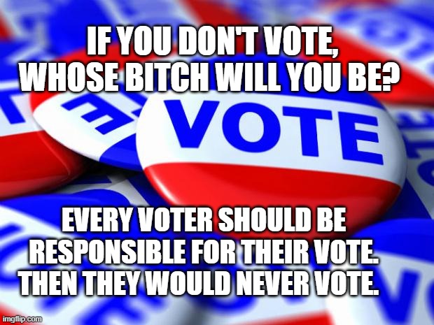 Vote | IF YOU DON'T VOTE, WHOSE BITCH WILL YOU BE? EVERY VOTER SHOULD BE RESPONSIBLE FOR THEIR VOTE. THEN THEY WOULD NEVER VOTE. | image tagged in vote | made w/ Imgflip meme maker