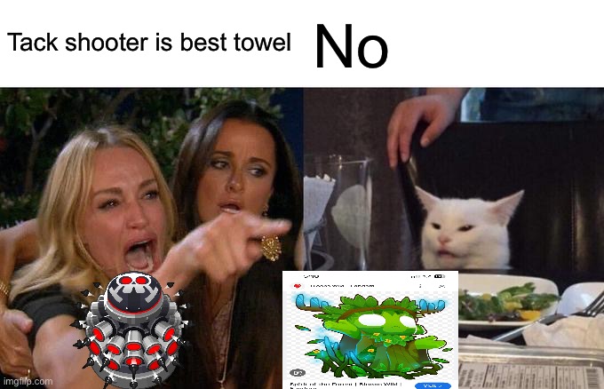 2-5-0 is best | Tack shooter is best towel; No | image tagged in memes,woman yelling at cat,btd6,relatable,duolingo,i'm the dumbest man alive | made w/ Imgflip meme maker