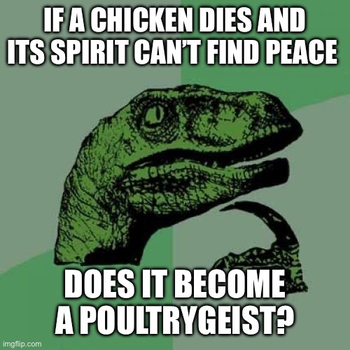 Philosoraptor | IF A CHICKEN DIES AND ITS SPIRIT CAN’T FIND PEACE; DOES IT BECOME A POULTRYGEIST? | image tagged in memes,philosoraptor | made w/ Imgflip meme maker