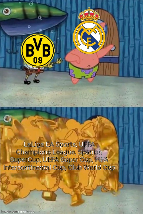 Borussia - Madrid 0:2 | UEFA Champions League? more like UEFA REAL MADRID LEAGUE (amirite?) | LaLiga EA Sports, UEFA Champions League, Spanish SuperCup, UEFA Super Cup, FIFA Intercontinental Cup, Club World Cup | image tagged in patrick opening the trophy closet,real madrid,borussia dortmund,champions league,futbol,spongebob | made w/ Imgflip meme maker