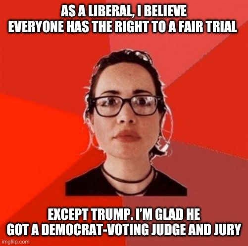 Liberal Douche Garofalo | AS A LIBERAL, I BELIEVE EVERYONE HAS THE RIGHT TO A FAIR TRIAL; EXCEPT TRUMP. I’M GLAD HE GOT A DEMOCRAT-VOTING JUDGE AND JURY | image tagged in liberal douche garofalo | made w/ Imgflip meme maker