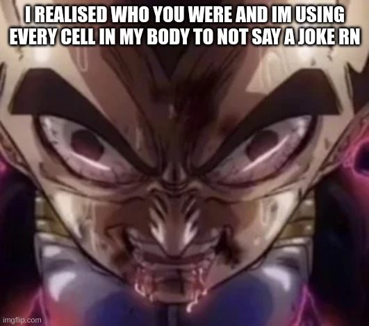 vegeta drooling | I REALISED WHO YOU WERE AND IM USING EVERY CELL IN MY BODY TO NOT SAY A JOKE RN | image tagged in vegeta drooling | made w/ Imgflip meme maker