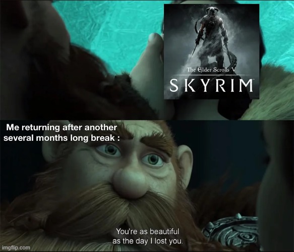 You never truly “quit” playing Skyrim. You just take really long breaks. | image tagged in memes,funny,gaming,skyrim,relatable memes | made w/ Imgflip meme maker