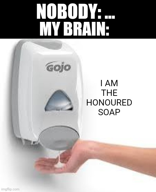 NOBODY: ... MY BRAIN:; I AM THE HONOURED SOAP | image tagged in fun,funny memes,memes | made w/ Imgflip meme maker