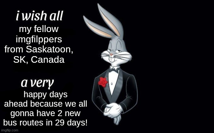 Get ready ma peeps from Saskatoon, SK, Canada! Only 29 days left! | my fellow imgfilppers from Saskatoon, SK, Canada; happy days ahead because we all gonna have 2 new bus routes in 29 days! | image tagged in i wish all x a very y | made w/ Imgflip meme maker