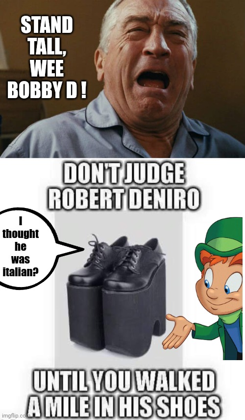 Walk a mile in his shoes | STAND TALL, WEE BOBBY D ! I thought he was italian? | image tagged in deniro crying,leprechaun | made w/ Imgflip meme maker